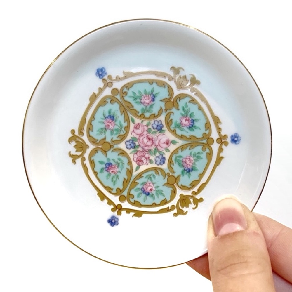 Made in Germany Small Ceramic Plate Dish Floral Design Blue Pink Gold Flowers